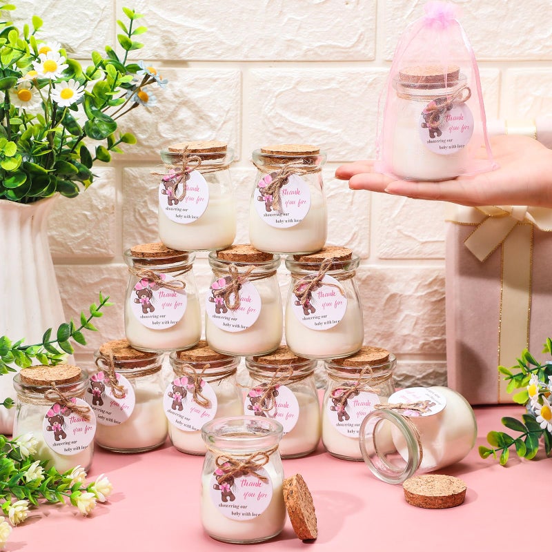 Threlaco 20 Pcs Bear Baby Shower Favors Party Candle Lavender Scented Glass Mason Jar Wax Candle Bulk for Guests Girl Boy Gender Reveal Party GiftsPink