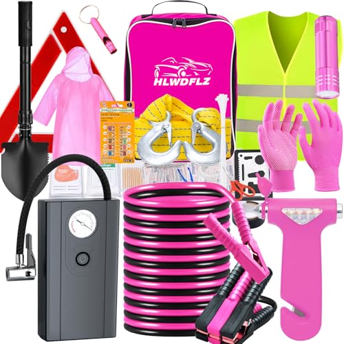 HLWDFLZ Car Roadside Emergency Kit, Vehicle Truck Safety Emergency Road Side Assistance Kits with Jumper Cables, Pink - Image 1