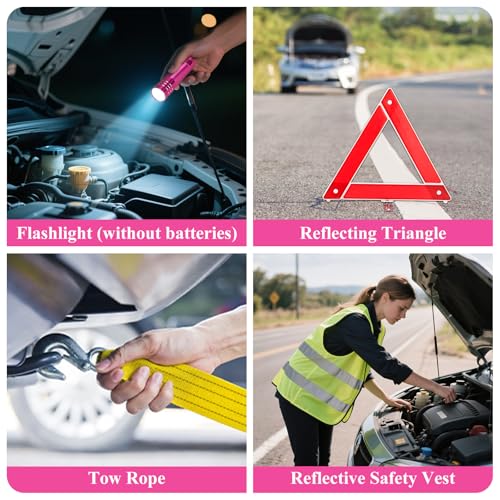 HLWDFLZ Car Roadside Emergency Kit, Vehicle Truck Safety Emergency Road Side Assistance Kits with Jumper Cables, Pink - Image 5