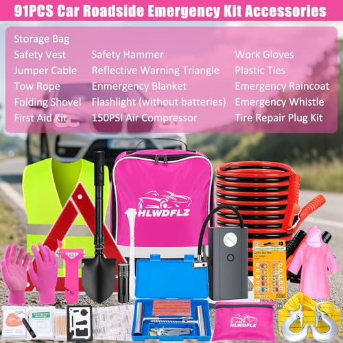 HLWDFLZ Car Roadside Emergency Kit, Vehicle Truck Safety Emergency Road Side Assistance Kits with Jumper Cables, Pink - Image 3