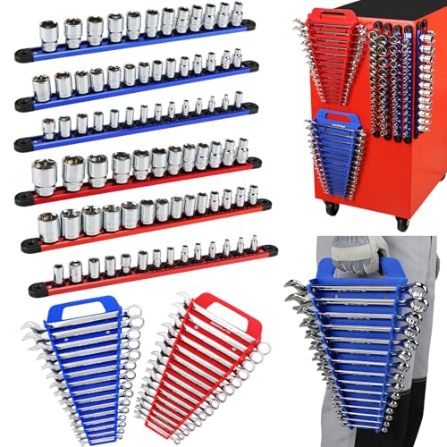 SEDY 8Piece Magnetic Socket and Wrench Organizer Set Metric SAE 14 38 12 Drive Socket Rail 24Slots Wrench Holder with NonSlip Handle for Toolbox Drawer Storage Socket Wrench not Included - Image 1