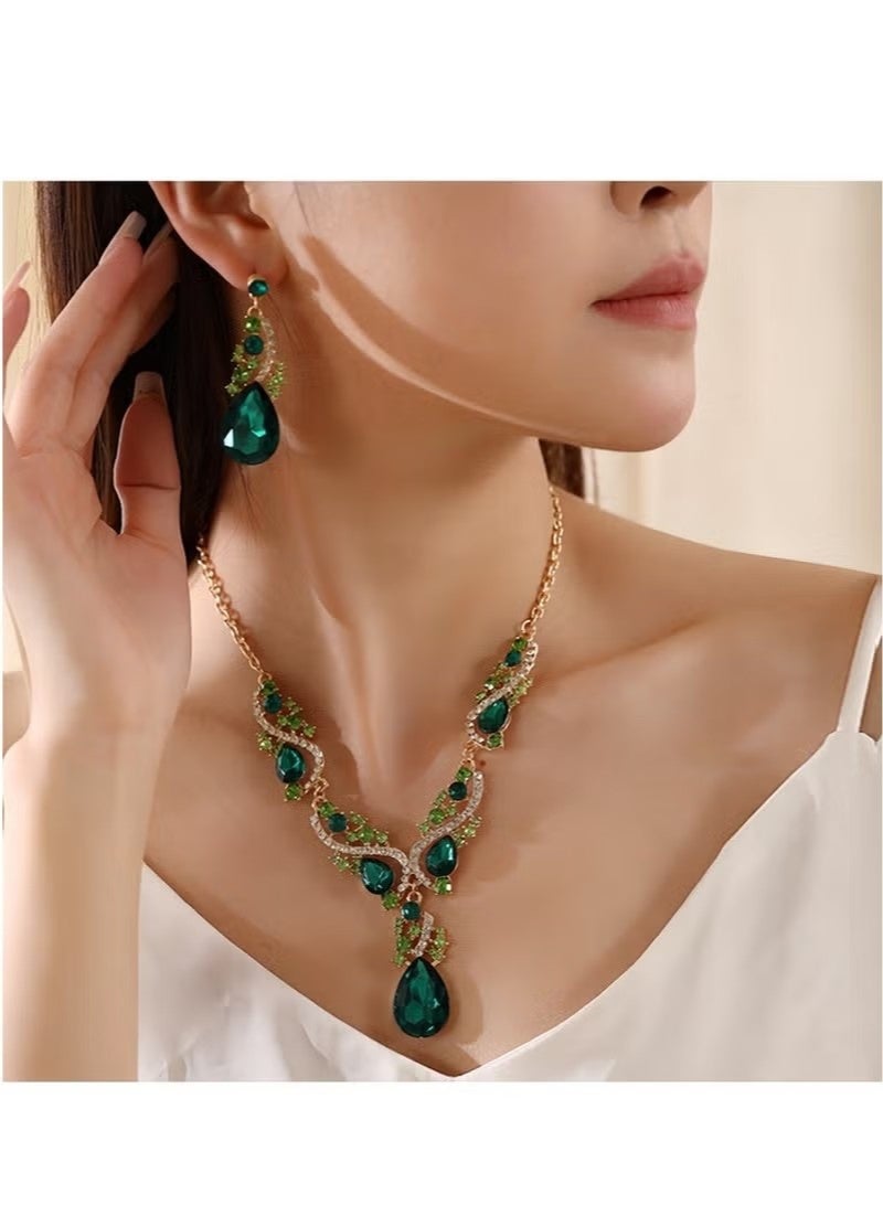 قلادة أنيقة من الزمرد الأخضر على شكل قطرة ماء مع سلسلة ترقوة وزوج من الأقراط الخضراء للنساء مجوهرات كهدية زفاف - Image 4