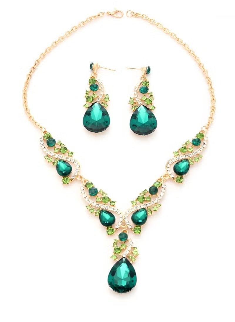 قلادة أنيقة من الزمرد الأخضر على شكل قطرة ماء مع سلسلة ترقوة وزوج من الأقراط الخضراء للنساء مجوهرات كهدية زفاف - Image 3