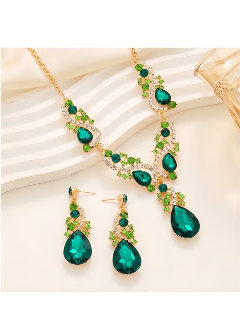 قلادة أنيقة من الزمرد الأخضر على شكل قطرة ماء مع سلسلة ترقوة وزوج من الأقراط الخضراء للنساء مجوهرات كهدية زفاف - Image 5