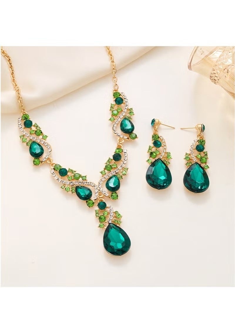 قلادة أنيقة من الزمرد الأخضر على شكل قطرة ماء مع سلسلة ترقوة وزوج من الأقراط الخضراء للنساء مجوهرات كهدية زفاف - Image 2