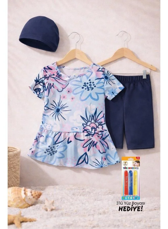 Zuzunga Navy Blue Girls' Swimsuit Set with Bow and Striped Floral Design.