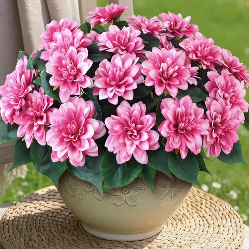 VIERENA 8 Bundles Artificial Dahlia Flowers for Outdoors Spring Summer Decor, No Fade Silk Flower Faux Dahlias Plant Arrangement for Home Garden Balcony Farmhouse（Pink） - Image 1