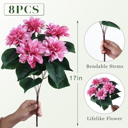 VIERENA 8 Bundles Artificial Dahlia Flowers for Outdoors Spring Summer Decor, No Fade Silk Flower Faux Dahlias Plant Arrangement for Home Garden Balcony Farmhouse（Pink） - Image 5