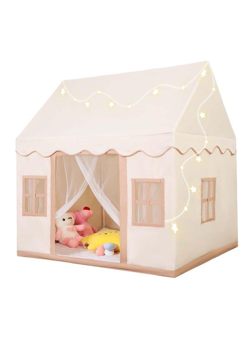 XiuWoo Kids Playhouse Play Tent with Mat LED Star Lights Washable Foldable with Windows Reading Corner Activity Center For Girls Boys for Indoor and Outdoor,Cream  - Image 1
