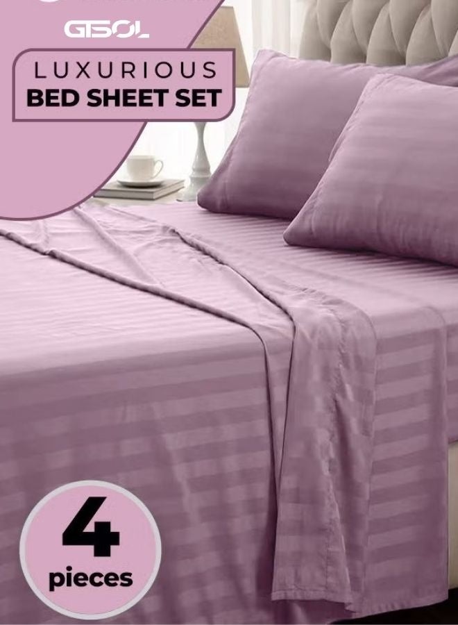 4-PIECE LUXURY KING SIZE STRIPED BEDDING SET  PREMIUM MICROFIBER DUVET COVER SET WITH DEEP POCKET FITTED SHEET (200X200+30CM) & 2 PILLOWCASES (48X74+5CM)  SOFT HOTEL COLLECTION COMFORTER COVER SET FOR KING BED  ELEGANT MODERN BEDROOM BEDDING