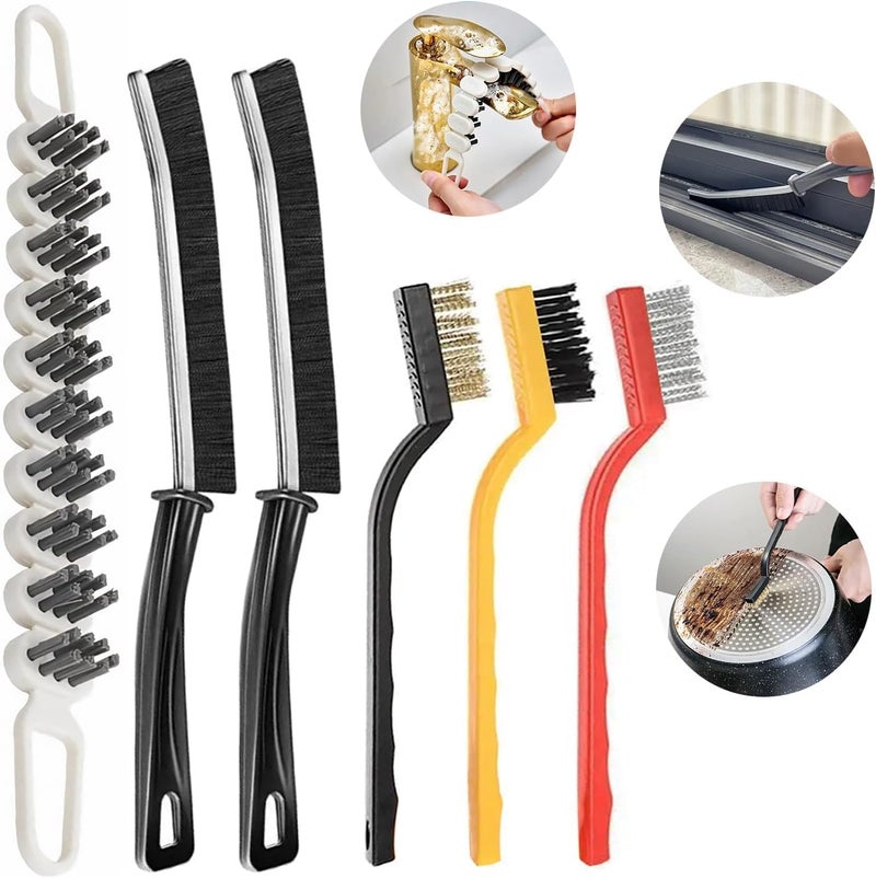 6 Pcs Cleaning Tool Set Crevice Cleaning Brush Hard Bristle Crevice Cleaning Brush with Bendable Brush Household Cleaning Tool Stainless Steel Brass Nylon Brush for Kitchen Bathroom Crevice
