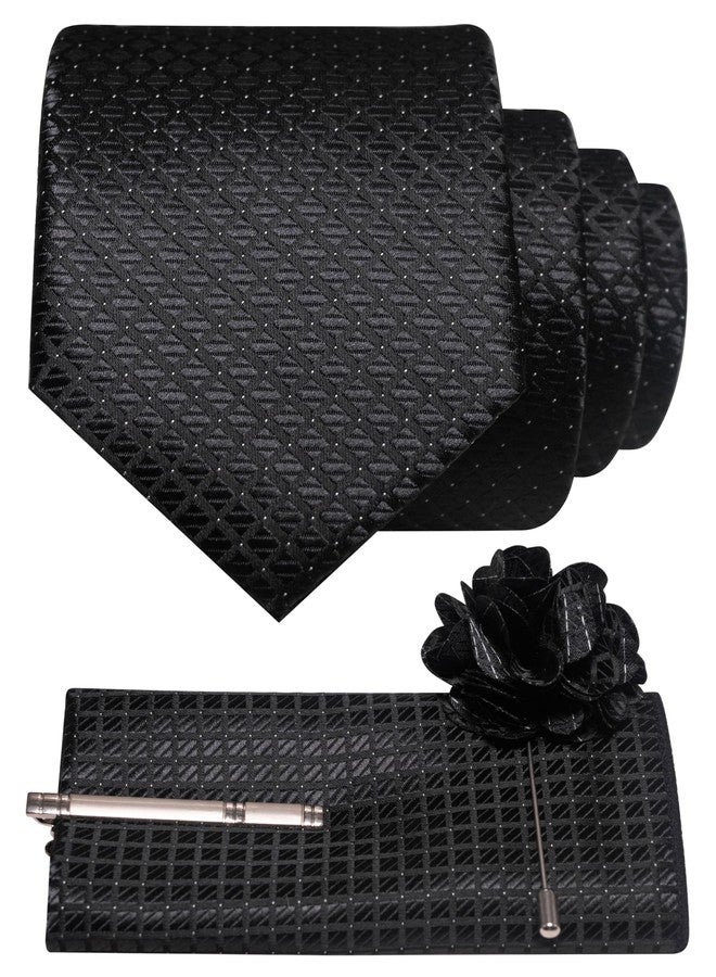 JEMYGINS Mens Plaid Black Tie and Lapel Pin Necktie Pocket Square and Tie Clip with Sets for Business Casual 4PCS(4) - Image 1