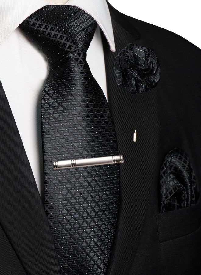 JEMYGINS Mens Plaid Black Tie and Lapel Pin Necktie Pocket Square and Tie Clip with Sets for Business Casual 4PCS(4) - Image 2