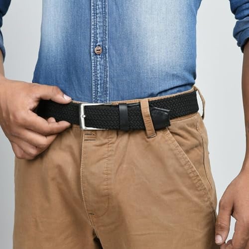 MaheTri Braided Canvas Stretchable Leather Belt, Premium Woven fabric Adjustable & Hole Free Belt for Men & Women (Black, Brown, Cream Black, Cream Brown) (Black, 42"-44" Waist Adjustable) - Image 3