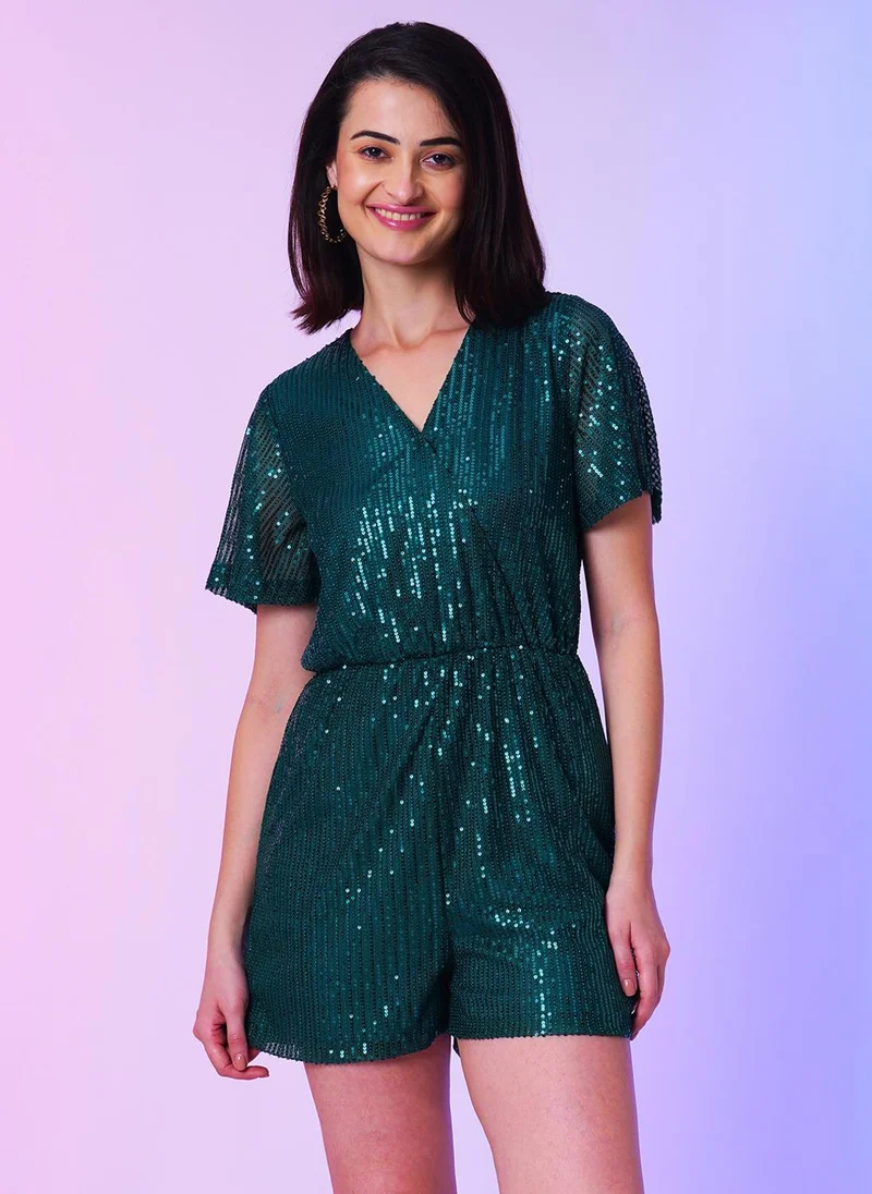 globus Globus Women Green Embellished Wrap Neck Mini Party Playsuit