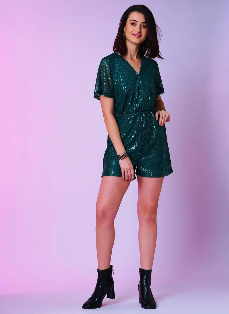 Globus Green Globus Women Green Embellished Wrap Neck Mini Party Playsuit for Women | Best Price UAE