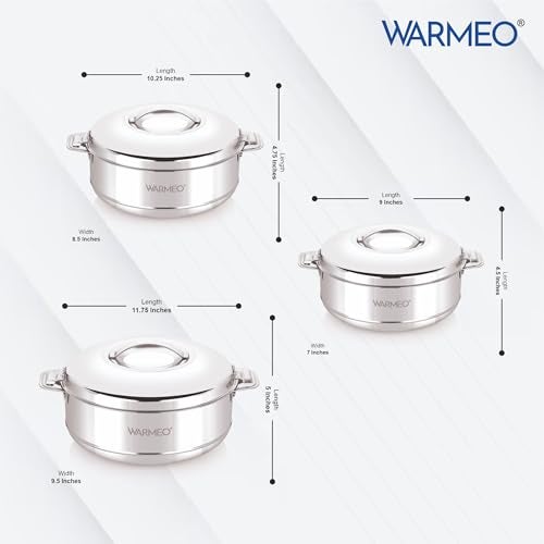 WARMEO Steam Insulated Stainless Steel Casseroles| Easy to Carry Hot Boxes for Kitchen | Hot Food, Easy to Store| Silver| Set of 3 (500,1000,1500ml) - Image 3
