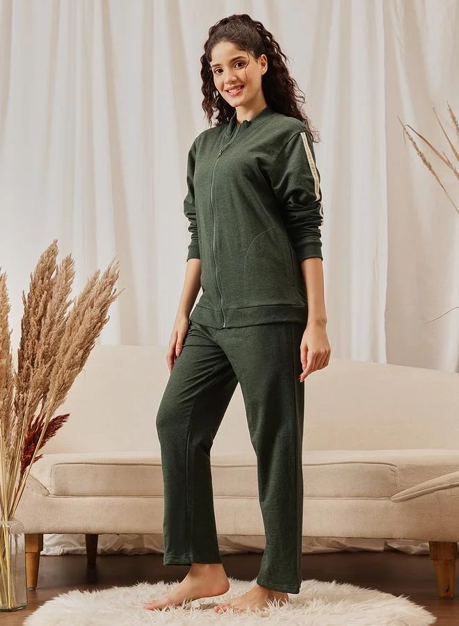 كلوفيا Green Cotton Side Stripe Tracksuit Loungewear Set