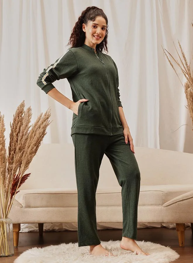Clovia  Green Cotton Side Stripe Tracksuit Loungewear Set for Women | Best Price UAE