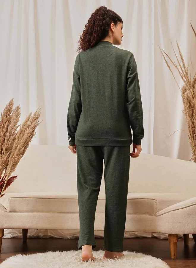 Clovia  Green Cotton Side Stripe Tracksuit Loungewear Set for Women | Best Price UAE