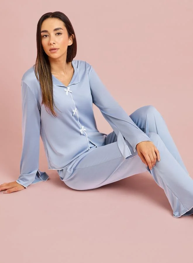 ستايلي Blue Contrast Trims Bow Detail Blouse and Pants Pyjama Set