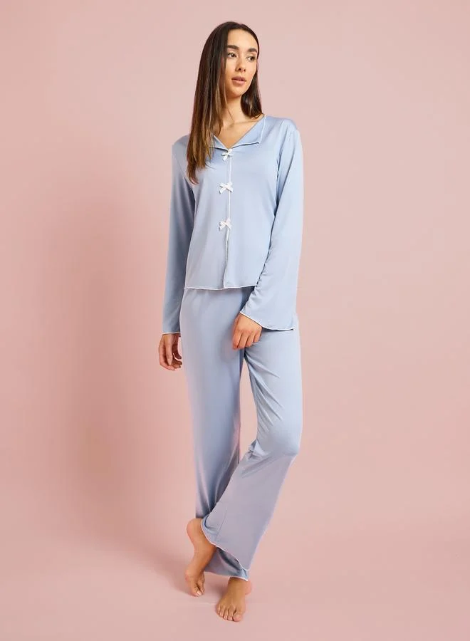 ستايلي Blue Contrast Trims Bow Detail Blouse and Pants Pyjama Set
