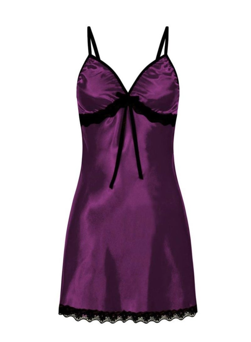 Women Floral  Lace Trim Satin Chemise Nightgown Cami Slip  Sleepwear Dress.  - Image 1