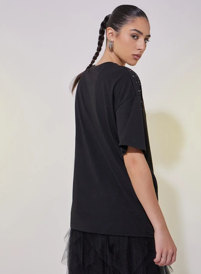 Take Two Studded Detail Relaxed Fit T-Shirt with Dropped Shoulder
