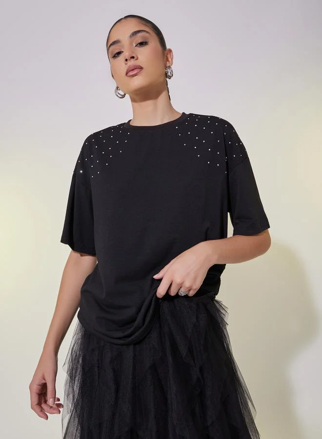 Take Two Studded Detail Relaxed Fit T-Shirt with Dropped Shoulder