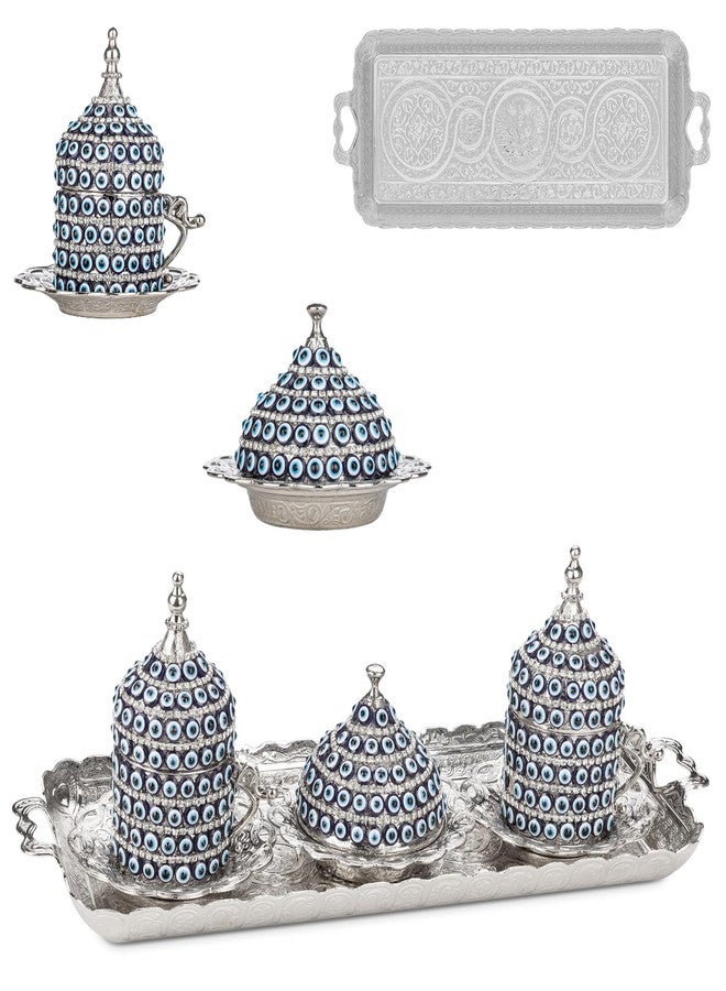 Alisveristime طقم فناجين قهوة إسبريسو تركية مصنوعة يدوياً من أليسفيرستيم، مزينة بنقشة عين الحسد، مع صينية ووعاء سكر - (طقم من قطعتين) (فضي) - Image 1