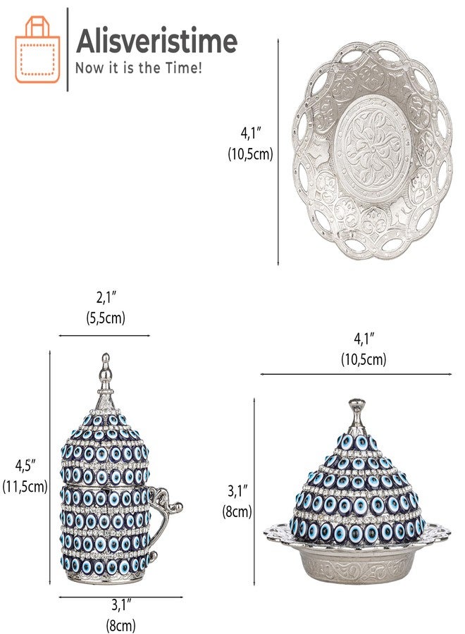 Alisveristime طقم فناجين قهوة إسبريسو تركية مصنوعة يدوياً من أليسفيرستيم، مزينة بنقشة عين الحسد، مع صينية ووعاء سكر - (طقم من قطعتين) (فضي) - Image 3