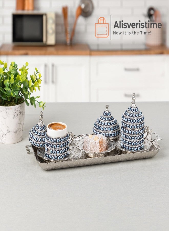 Alisveristime طقم فناجين قهوة إسبريسو تركية مصنوعة يدوياً من أليسفيرستيم، مزينة بنقشة عين الحسد، مع صينية ووعاء سكر - (طقم من قطعتين) (فضي) - Image 2