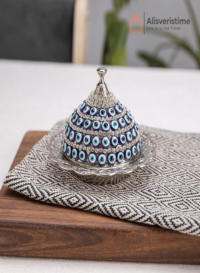 Alisveristime طقم فناجين قهوة إسبريسو تركية مصنوعة يدوياً من أليسفيرستيم، مزينة بنقشة عين الحسد، مع صينية ووعاء سكر - (طقم من قطعتين) (فضي) - Image 5