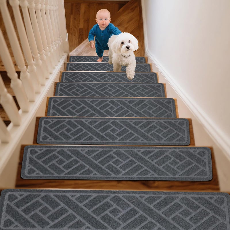 WAWINY 15 Pack Stair Treads Non Slips,8" x 30" Stair Treads for Wooden Steps Indoor,with Reusable Adhesive for Children, Seniors and Pet Dogs, No Residue(Gray) - Image 1