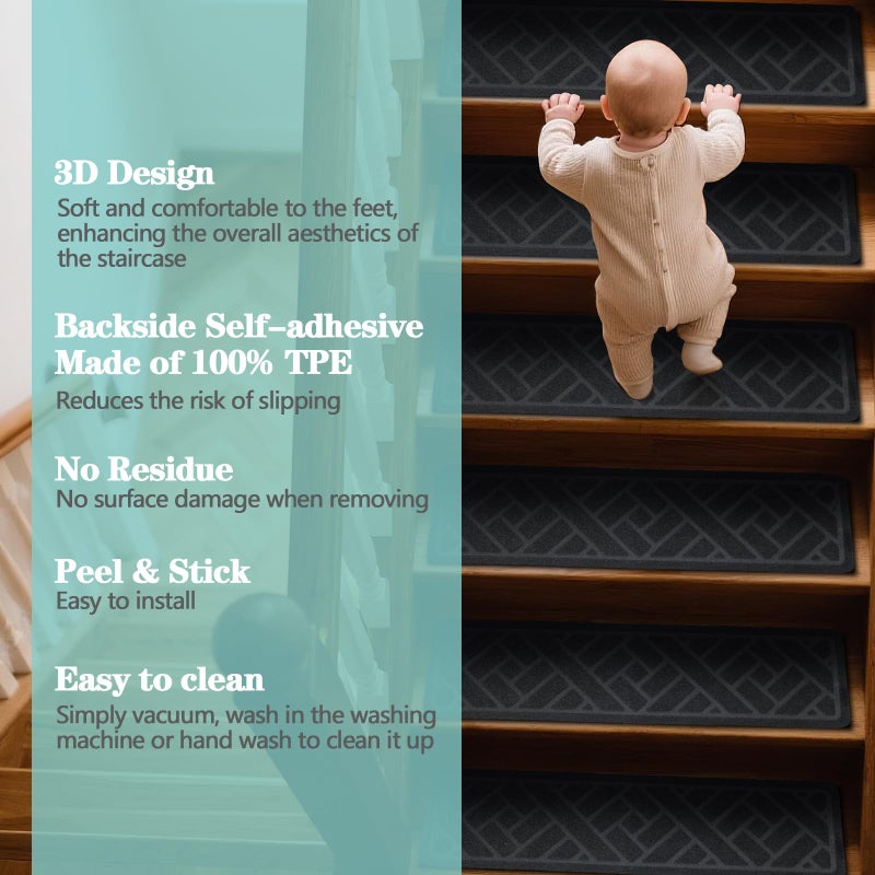 WAWINY 15 Pack Stair Treads Non Slips,8" x 30" Stair Treads for Wooden Steps Indoor,with Reusable Adhesive for Children, Seniors and Pet Dogs, No Residue(Gray) - Image 5