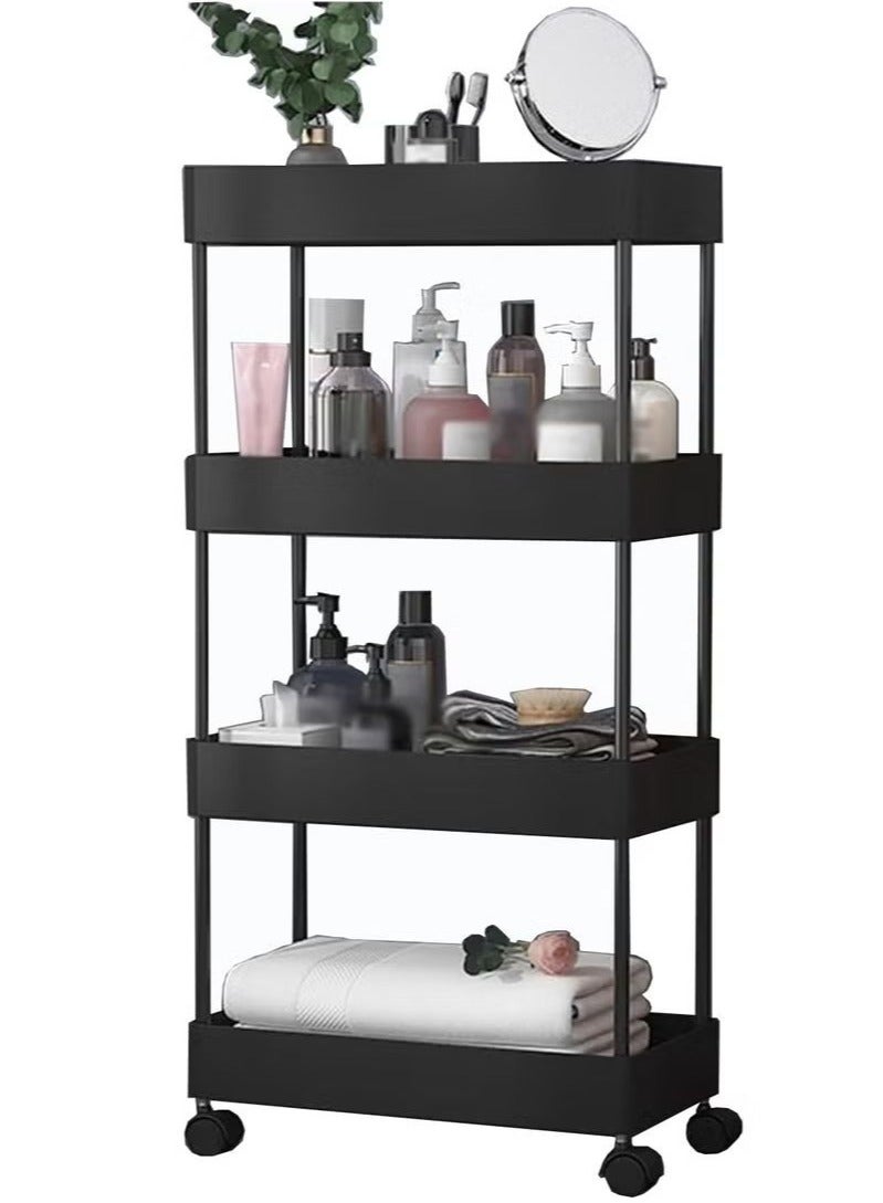 رف شق متحرك من 4 طبقات ، عربة بعجلات ، رف متعدد الطبقات ، لوازم المطبخ ، موسوعة منزلية ، رف تخزين شق من الأرض إلى السقف ، أسود - Image 1