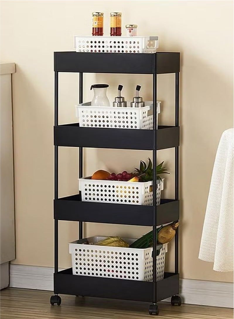 رف شق متحرك من 4 طبقات ، عربة بعجلات ، رف متعدد الطبقات ، لوازم المطبخ ، موسوعة منزلية ، رف تخزين شق من الأرض إلى السقف ، أسود - Image 3