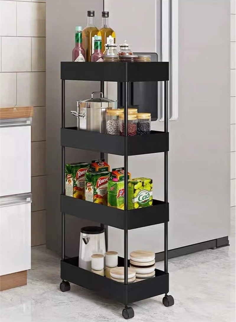 رف شق متحرك من 4 طبقات ، عربة بعجلات ، رف متعدد الطبقات ، لوازم المطبخ ، موسوعة منزلية ، رف تخزين شق من الأرض إلى السقف ، أسود - Image 4