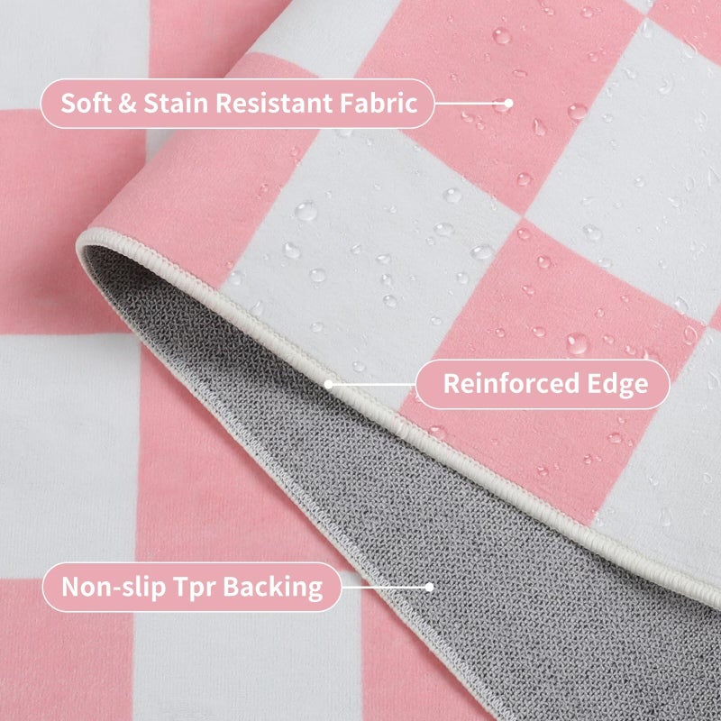 Terrug Pink and White Checkered Rug for Bedroom,3x5 Area Rugs Washable with Non Slip for Living Room,Soft Low Pile Stain Resistance Retro Carpet for Dorm Kids Room - Image 5