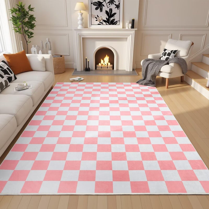 Terrug Pink and White Checkered Rug for Bedroom,3x5 Area Rugs Washable with Non Slip for Living Room,Soft Low Pile Stain Resistance Retro Carpet for Dorm Kids Room - Image 3