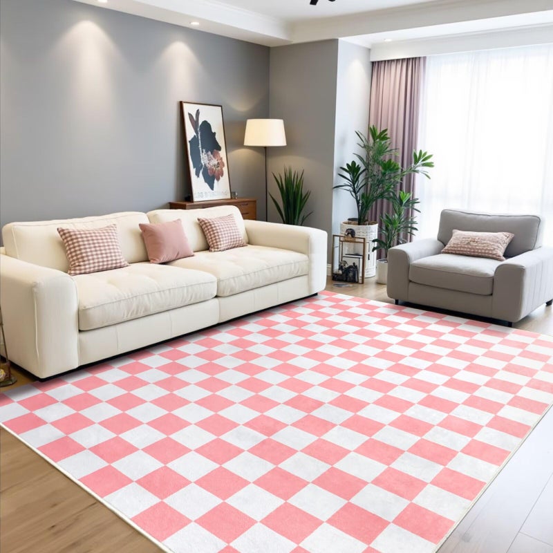 Terrug Pink and White Checkered Rug for Bedroom,3x5 Area Rugs Washable with Non Slip for Living Room,Soft Low Pile Stain Resistance Retro Carpet for Dorm Kids Room - Image 2