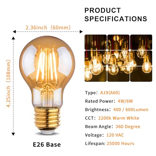 runquiz 2200k Led Light BulbVintage A19 Edison BulbsDimmable Amber Warm White Tone Light BulbAntique Led Filament Light BulbsOld Style Light Bulbs40W60W Equivalent4 Watt6 WattE26 Base - Image 3