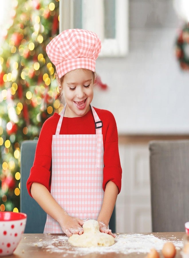 TOPWAYS Kids Apron and Chef Hat Set, Adjustable Check Child Chef Aprons with Pockets for Kids Painting Baking Cooking (Pink, M) - Image 2