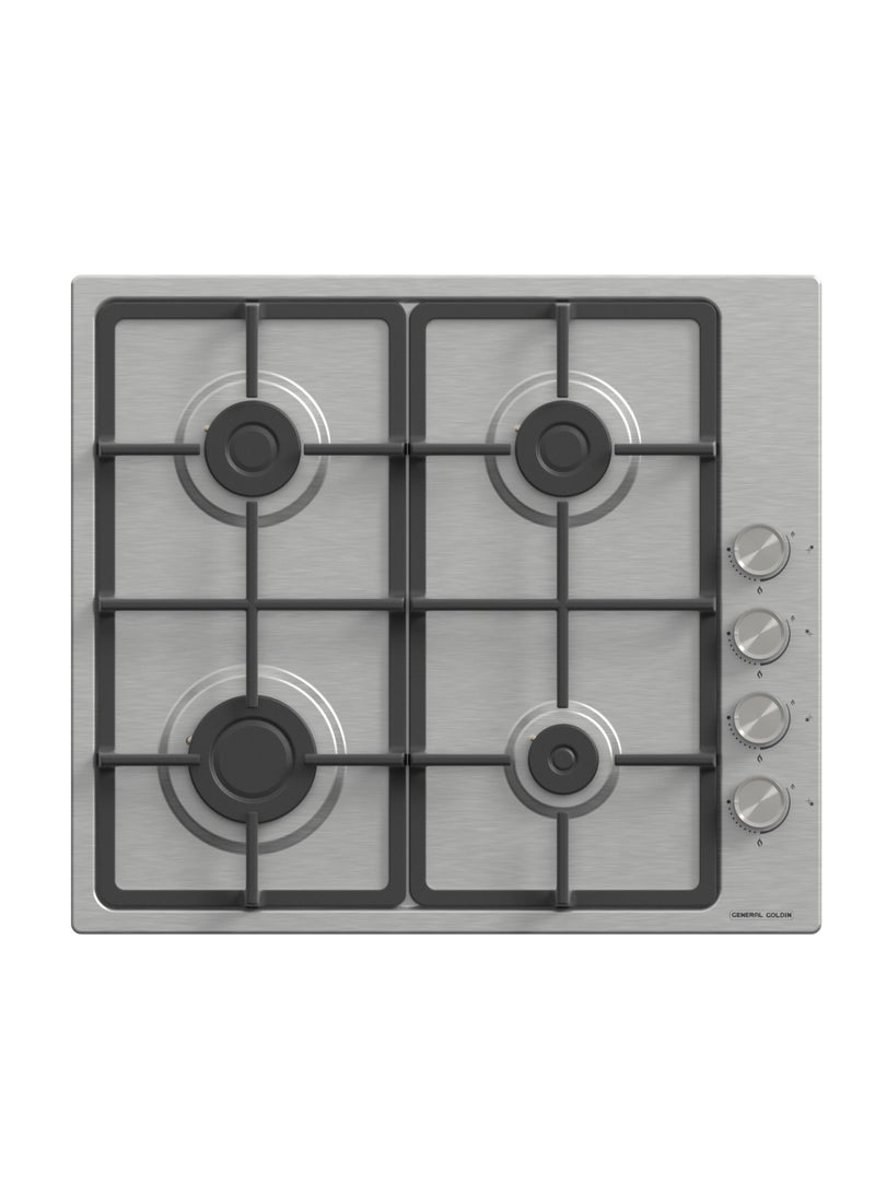 General Goldin - General Goldin Built-in Hob 60x52 cm 4 Gas Burners Steel Color Heavy Duty Stand, Easy to Clean, Auto Burn, Side Keys, High Quality, Normal Stand - Image 1