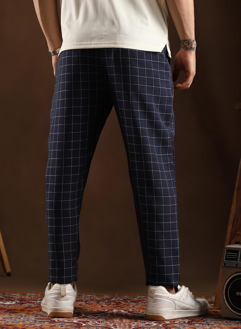 Campus Sutra Campus Sutra Men's Navy Blue Graph Tailored Trousers For Casual Wear | Mid-Rise | Regular Fit | Button Closure | Trousers Crafted With Comfort Fit For Everyday Wear  - Image 5