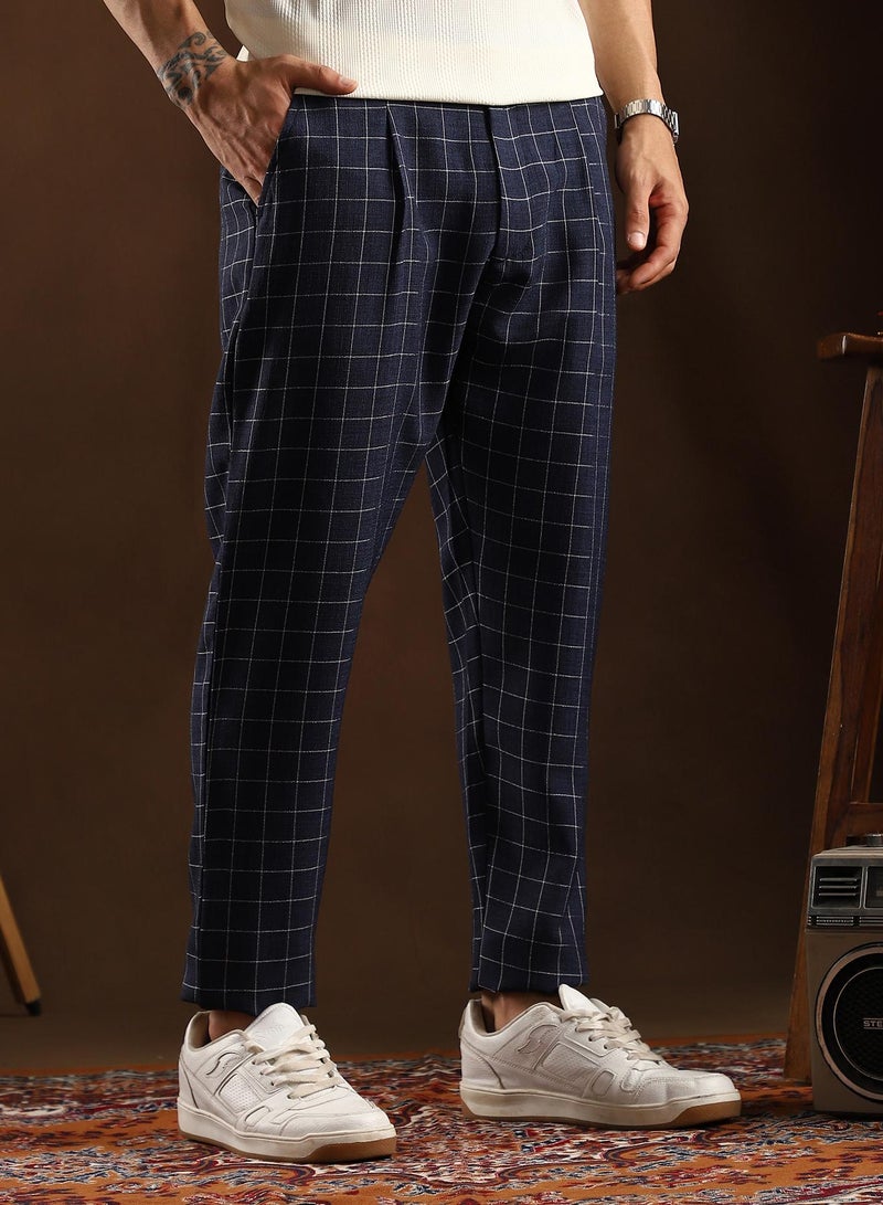 Campus Sutra Campus Sutra Men's Navy Blue Graph Tailored Trousers For Casual Wear | Mid-Rise | Regular Fit | Button Closure | Trousers Crafted With Comfort Fit For Everyday Wear  - Image 3