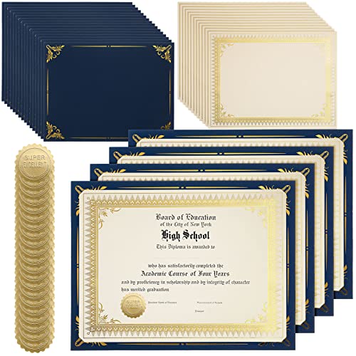 Fainne 50 Sets Certificate Kit Includes 50 Pcs 9.5 x 12 Inch Certificate Holders 50 Pcs Letter Size Papers 50 Pcs Foil Award Seals Diploma Covers for Appreciation(Navy Blue, Gold) - Image 1