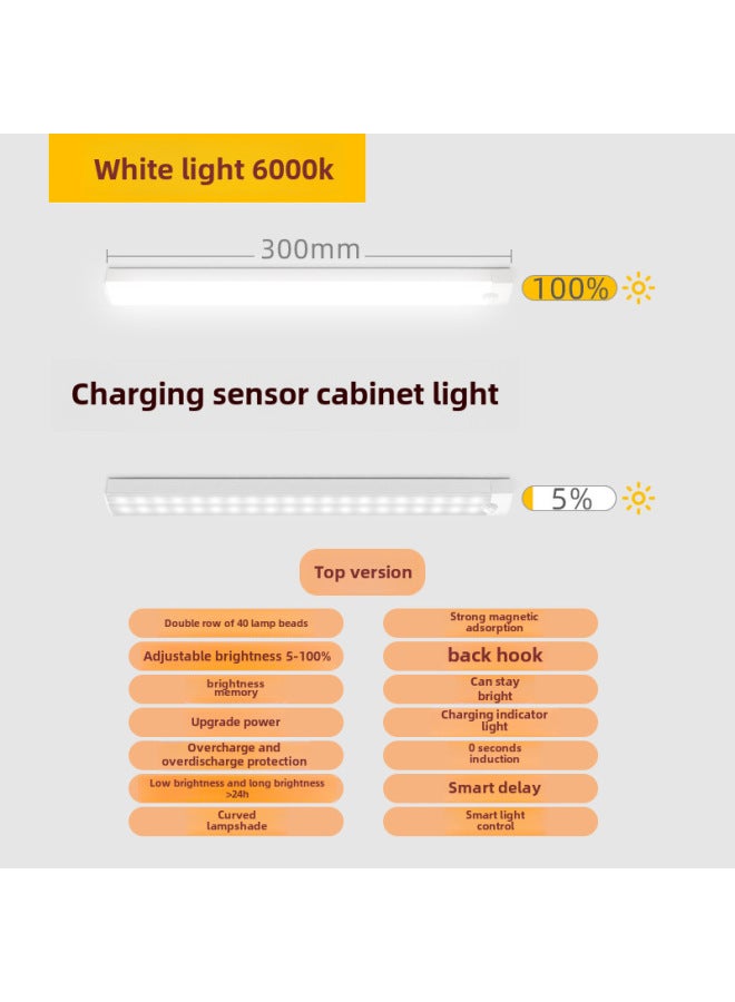 Loquat Light Bar Strip Lamp Cabinet Lamp Wardrobe Lamp Showcase Shoe Drawer Lamp Human Body Induction Lamp Charging Magnetic Self-adhesive-Light Color:White Light 30cm 【induction + Charging + Shutdown + Br - Image 1