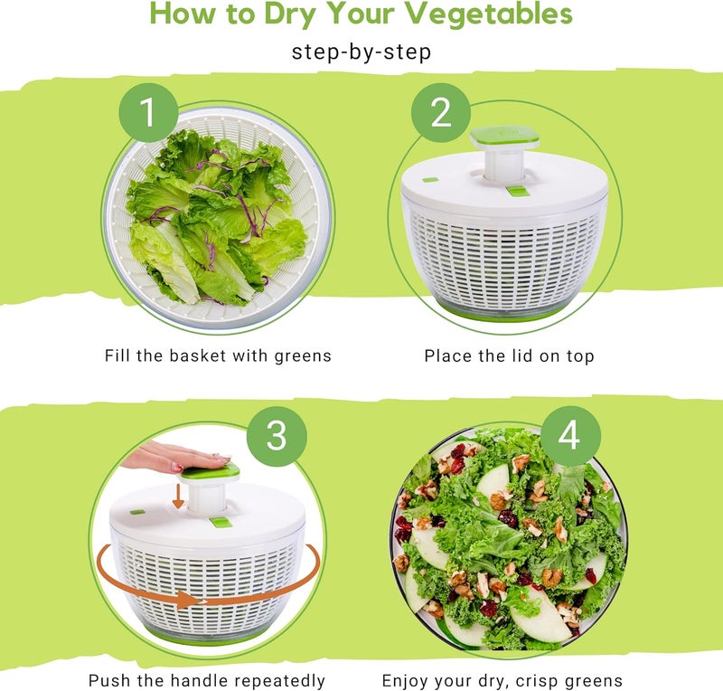 Brieftons QuickPush Salad Spinner: Large 6.3-Quart Vegetable Washer Dryer Strainer Drainer, Easy One-Handed Handle & Brake, Fast Spin Cycles, Compact Storage, to Wash, Clean & Dry Vegetables, Fruits - Image 3