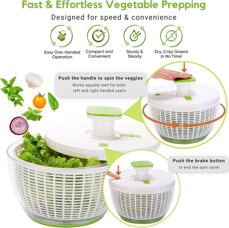 Brieftons QuickPush Salad Spinner: Large 6.3-Quart Vegetable Washer Dryer Strainer Drainer, Easy One-Handed Handle & Brake, Fast Spin Cycles, Compact Storage, to Wash, Clean & Dry Vegetables, Fruits - Image 2